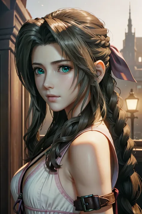 ((ultra detailed, masterpiece, best quality)) ff7aerith, 1girl, solo, single braid, green eyes, brown hair,