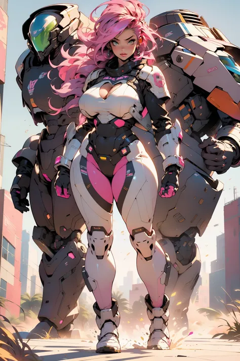 ((Best quality)), ((perfect masterpiece)), (detailed: 1.4), (Absurd), (((full body, curvy body, enormously gigantic tits, cleavage showing)), (((pink hair woman))), 21-year-old woman, Beautiful sexy busty woman, giant robot pilot, wild with perfect curvy b...