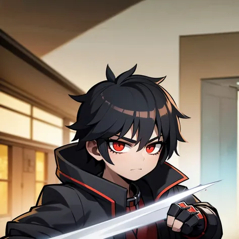 Young boy, black hair, light brown skin, red eyes, cool face, cyberpunk clothes, katana