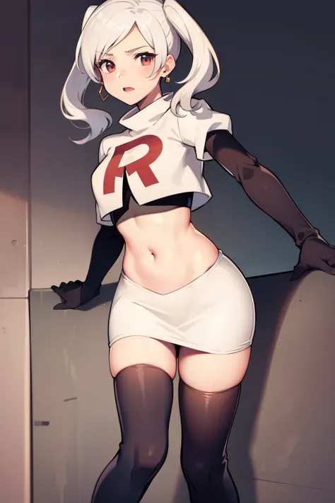 robin fe ,earrings, team rocket,team rocket uniform,white skirt,red letter r,crop top,black thigh-highs,black elbow gloves