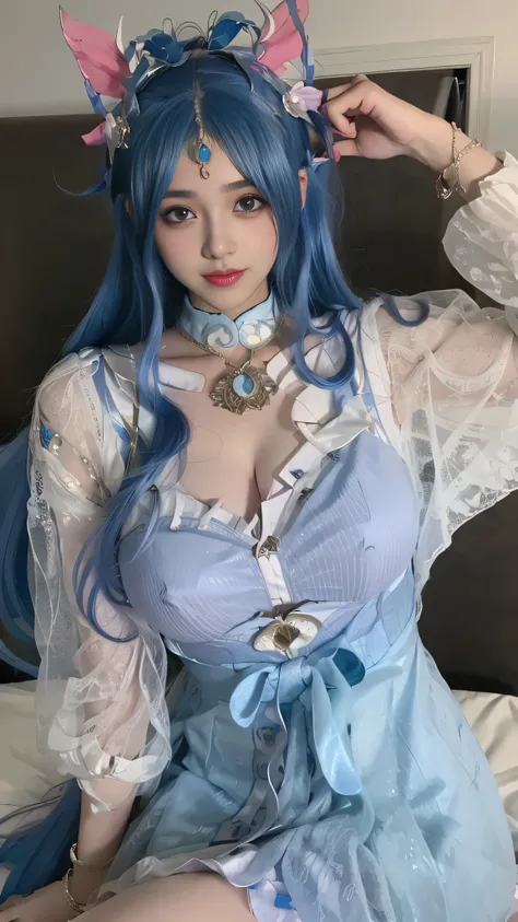 Arav is wearing a blue dress，Sitting on the bed wearing a crown, Anime Girls Cosplay, anime cosplay, ahegao, Outfits with blue accents, high quality clothing, blue scales covered her breasts, Astral Witch Clothes, Ahegao Face, anime characters; full body a...