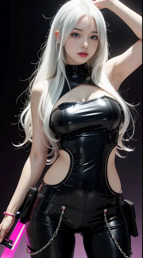 realistic, High resolution, 1 female, glowing skin, alone, wide lips,long hair,wavy hair, closed mouth, hip up,saggy breasts,small face,Anime character cosplay,Cosplayers,Costume costumes,Digital space,neon light,white hair,Color Contacts