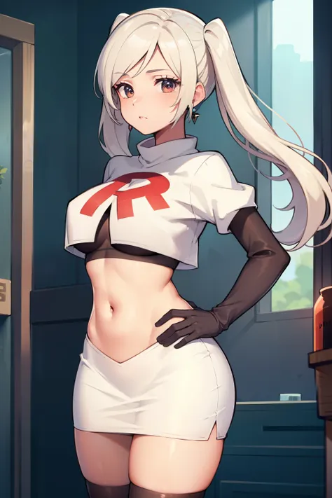 robin fe ,earrings, team rocket,team rocket uniform,white skirt,red letter r,crop top,black thigh-highs,black elbow gloves