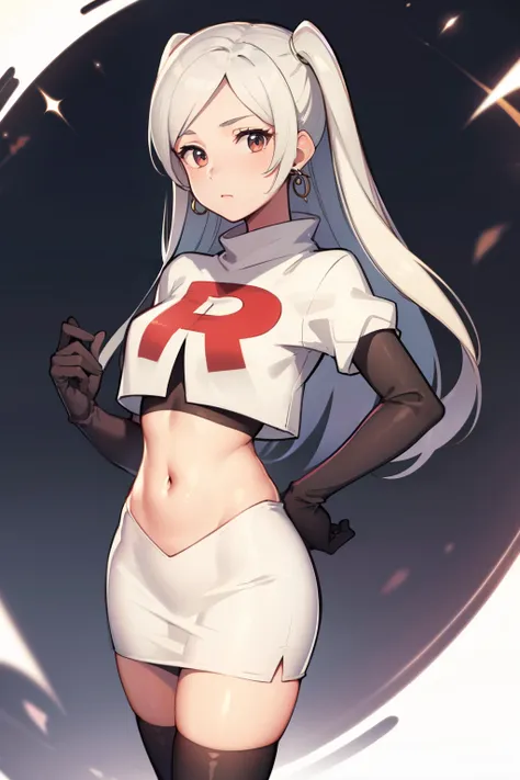 robin fe ,earrings, team rocket,team rocket uniform,white skirt,red letter r,crop top,black thigh-highs,black elbow gloves