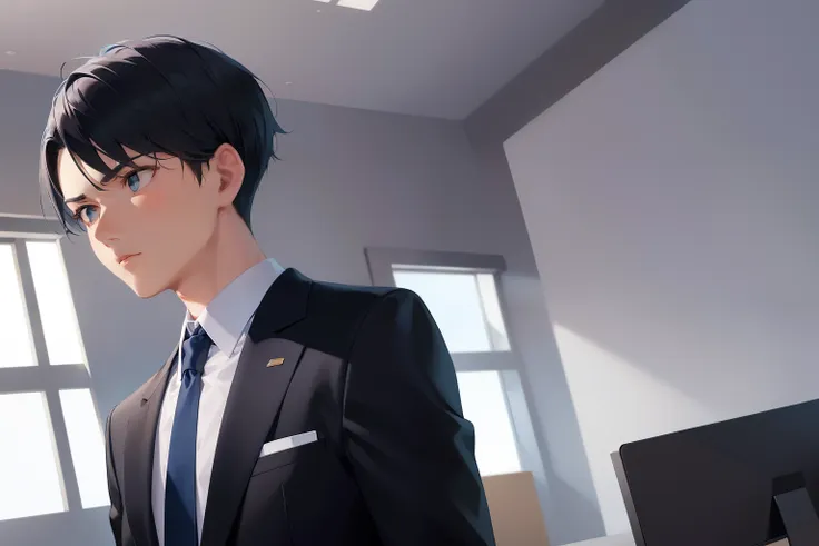 dutch angle, (looking away:1.5), masterpiece、high quality、25-year-old man with short black hair and green eyes、wearing a suit、we...