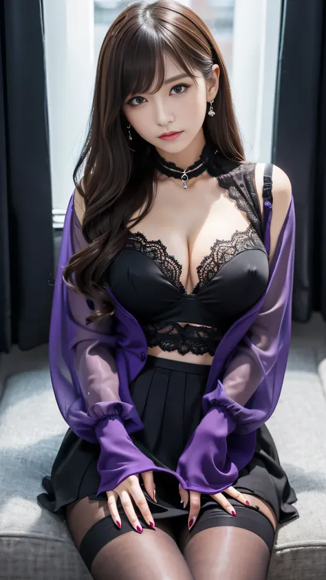 Super detailed、Japanese、charming beauty、seductive adult woman、Dainty woman、sharp eyes、cool girl、wavy hair、suit、Black chiffon、purple lace fabric、wide sleeve、Jacket、white blouse、flare skirt、See-through stockings、pantyhose、Shiny legs、evilの幹部、evil depravity、br...