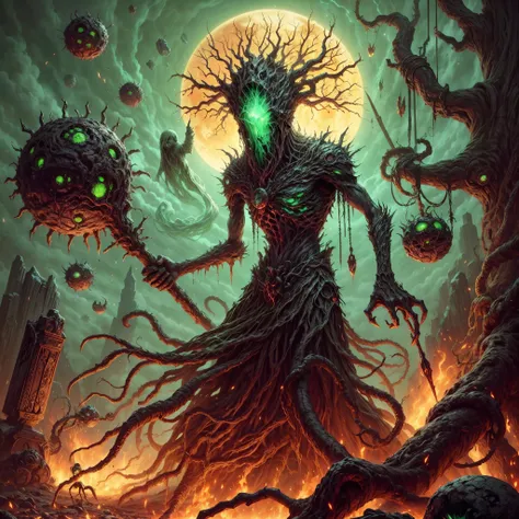 dark soul boss,elden Ring style,a corrupted tree man, an eldritch being inside a tree, 8 long thick root came from the back, corrupted wood hand and arm,  holding a runic dead tree branch as a spear, toxic fruit as bomb,thick trunk tentacles,glowing green ...