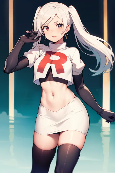 robin fe ,earrings, team rocket,team rocket uniform,white skirt,red letter R,crop top,black thigh-highs,black elbow gloves