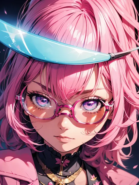 Close-up of a woman with pink hair wearing glasses, artwork in Guvez style, Guvez, kawaii realistic portrait, inspired by Seihiko-kun, glowing pink face, pink girl, beautiful anime portrait, pink glasses, glowing pink eyes, realistic anime 3 D style, Yanju...