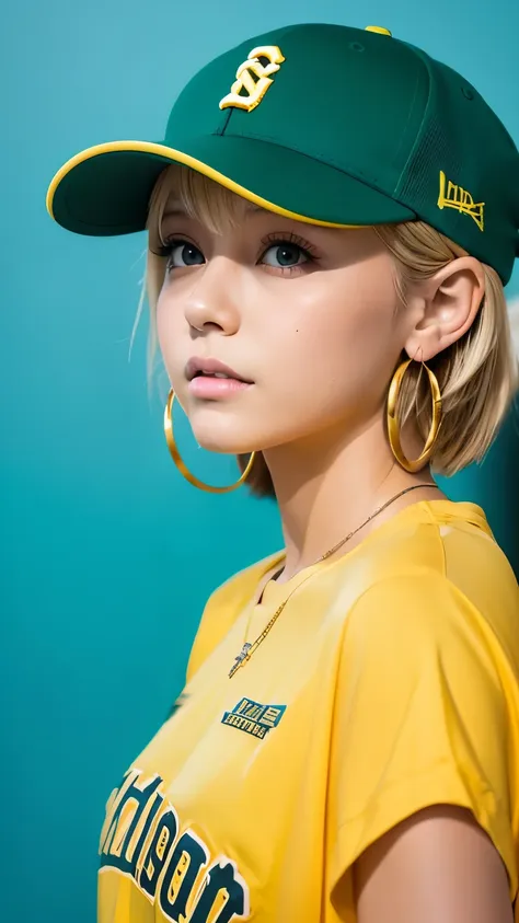 tetsuya nomura, masterpiece, highest quality, 1 girl, aqua eye, baseball cap, blonde hair, closed mouth, earrings, green backgro...