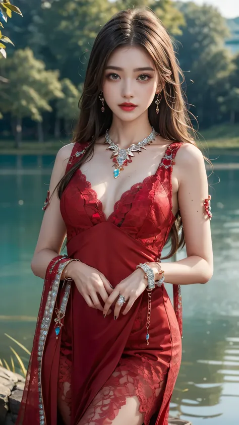 8k, masterpiece, 1 girl, beautiful face, very long hair, light makeup, detailed eyes, detailed lips, small figure, detailed dress, red dress, (wearing jewellery:1.8), (red lace:1.4), ((lake:1.4)),