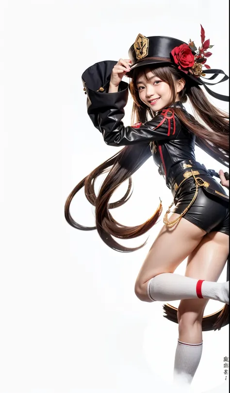 Hu tao, genshin impact, liyue, female, brown twintail hair, red eyes, brown long sleeve shirt, dark brown short, black hat with golden emblem and red flower, white socks with red stipe, friendly smiling, right hand touches the hat, left arm