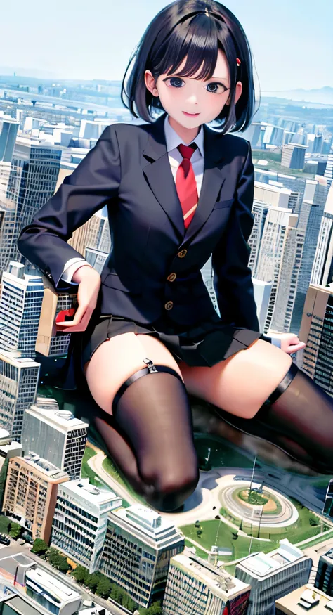 女huge艺术, Surrealism , 非常に詳細なhugeショット, huge, short hair, white pantyhose, Huge cute little loli，Exquisite facial features，&#39;Himatian Building Yitoku Field, huge , Navy blue blazer, Red Tie, mini skirt, white pantyhose, very small metropolis, micro city, ...