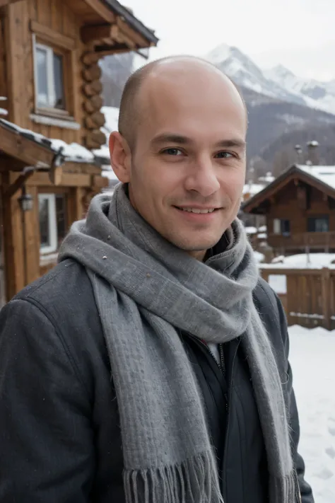 ((best quality)), ((masterpiece)), (detailed), perfect face, bald, short hair, middle aged man with ski lodge in the background, swiss alps, scarf, rich, sophisticate, smiling 