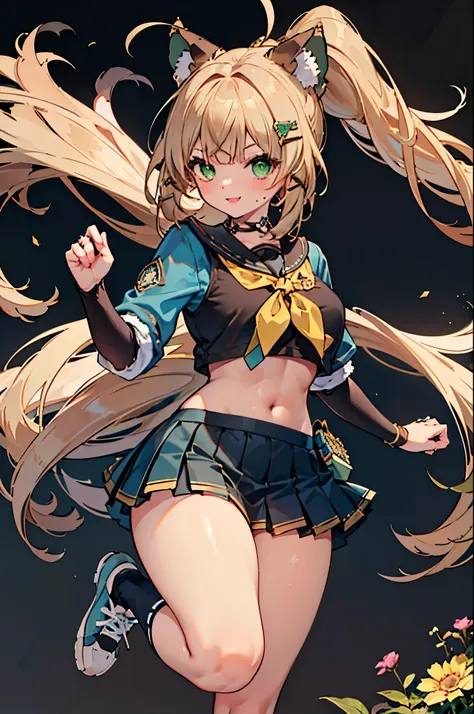 realistic image, coherent image, detailed image, 1 girl, has pale ash blonde hair sticking out in strands and green eyes, Part of her hair is tied in a high ponytail. She wears a brown cat ear type accessory decorated with gold and flowers. Her hair has se...