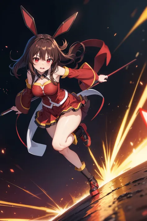 Visualize Megumin from Konosuba with red eyes, short brown hair, bunny ears, wearing a cyberpunk-style outfit, and depicted in full body. I hope this helps create a visual image in your mind!