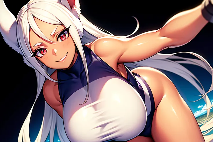 mirko mha, 1girl,solo, dark-skinned female, dark skin, default hero suit, large breasts,looking at viewer, white background, rabbit ears, rabbit girl, white hair, long hair, red eyes, smile, happy, curved, muito gordo, quadris largos, Enorme, coxas grossas...