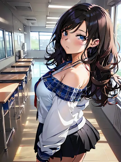 anime girl with long hair and blue eyes posing in the classroom, beautiful anime high school girl, attractive anime girl, seduct...