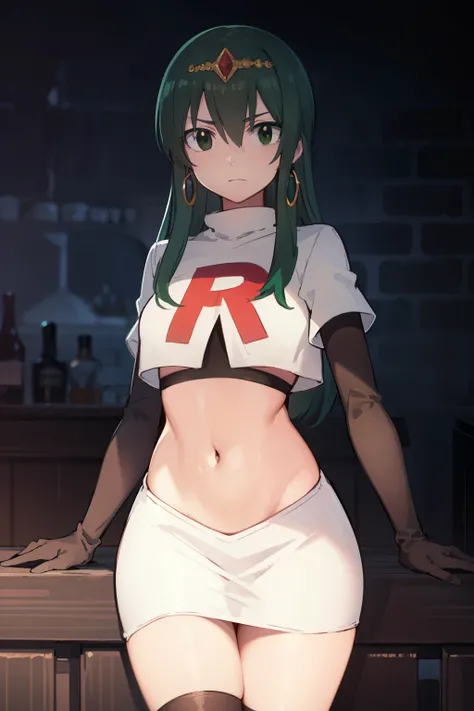 hisui, hisui, long hair, (green eyes:1.5), green hair, hair between eyes,
BREAK jewelry, earrings, tiara, crown, team rocket,team rocket uniform,white skirt,red letter R,crop top,black thigh-highs,black elbow gloves
BREAK looking at viewer, (cowboy shot:1....