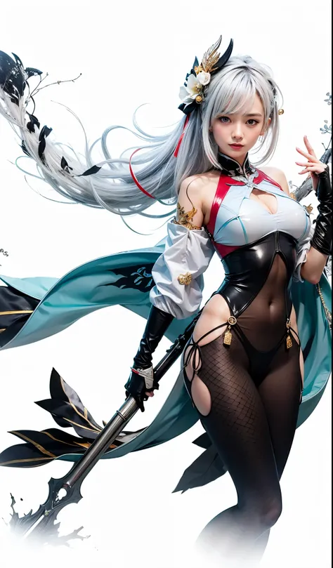 Shenhe, genshin impact, liyue, female, silver hair, busty, silver eyes, white top outer, transparent black suit inner, white arm sleeve outer, black arm decker inner, golden scale, naughty smiling, gradient cyan cape, red hair ribbon, red accessory, gradie...