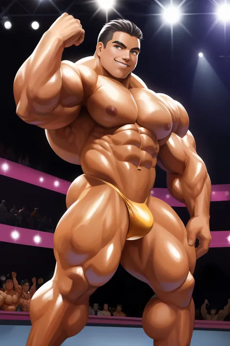 (Dark boy) A teen in the bodybuilding competition, on stage with others bodybuilders at his sides of 15 years old (Mexican ethnicity) wearing a tiny thong (metallic color: Golden thong) tan skin massive muscular bodybuilder with extraordinary biceps pector...