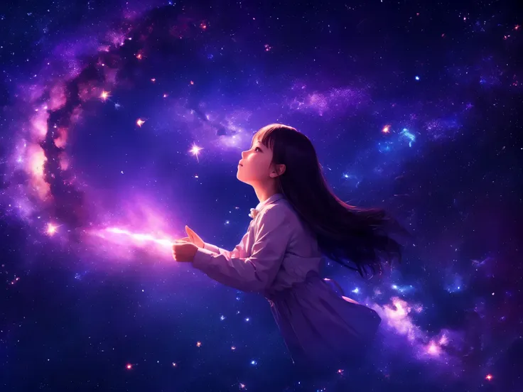 rotating starry sky, milky way, shooting stars, girl looking up at the sky