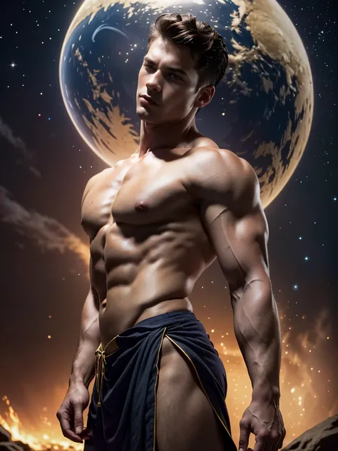 Photorealistic, ((best quality)), ((masterpiece)), (detailed),masculine portrait of Atlas, Atlas, carrying the planet Earth, fully naked, nude, side view, holding the planet Earth on his back, muscule, ripped, strong body, fit body, 1boy, outer space backg...