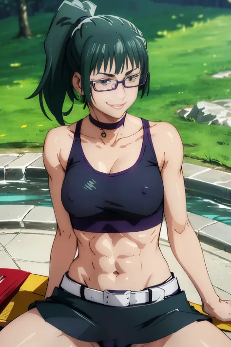 1girl, beautiful muscular female ,zenin_maki,ponytail,glasses,bangs,green hair,brown eyes,bright color CK sports bra,outdoors, belt, choker,ultra miniskirt, black_belt, black_choker, earrings, sharp focus, absurdres, realistic proportions, good anatomy, ma...