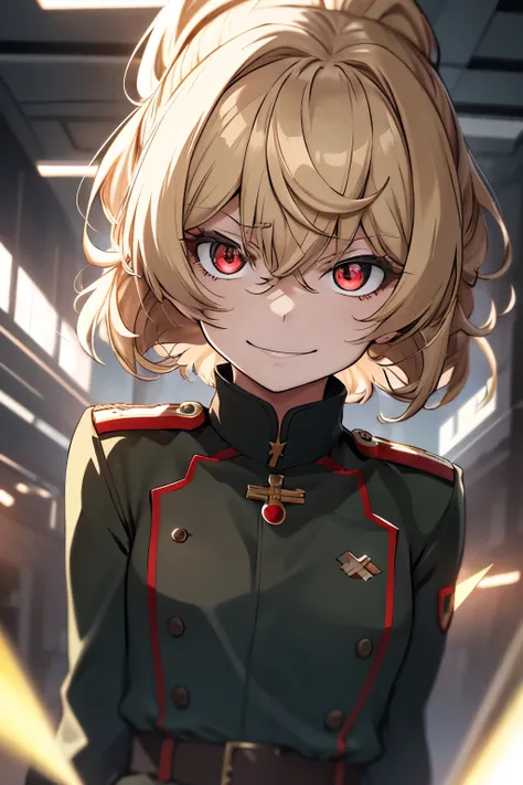 (masterpiece, best quality: 1.1), 1girl solo, tanya, 1girl, solo, , flat chest, small breasts, curvy, military, military uniform, ,, evil smile, wicked expression, anger, red eyes, neutral lighting