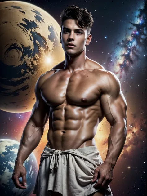 Photorealistic, ((best quality)), ((masterpiece)), (detailed),masculine portrait of Atlas, Atlas, carrying the planet Earth, fully naked, nude, side view, holding the planet Earth on his back, muscule, ripped, strong body, fit body, 1boy, outer space backg...