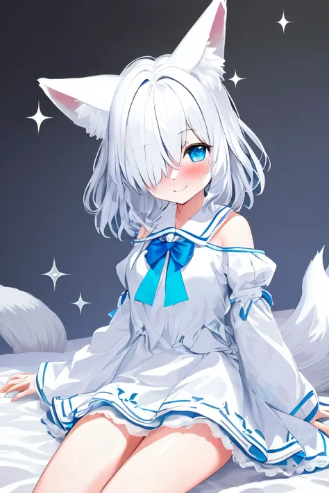 1girl, fox ears, blue eyes, white hair, hair over one eye, from side, pov, sitting, bed sheet, light, nose blush, light smile, w...