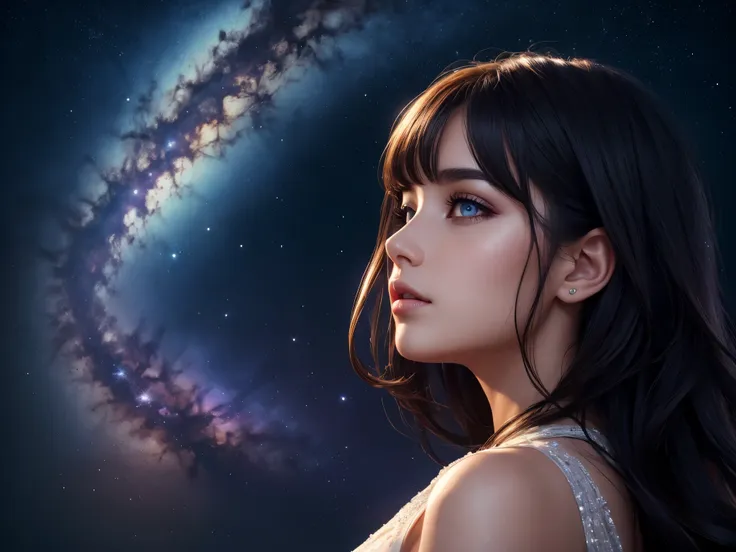 (best quality,4k,8k,highres,masterpiece:1.2),ultra-detailed,realistic,rotating starry sky,milky way,shooting stars,girl looking ...