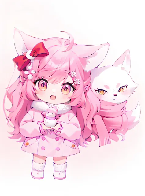 a girl，There is a pink fox on the right side of the girl，The girl has two fox ears，Girl holding mini snowman in hands，pink hair，Girl in white，Brown boots