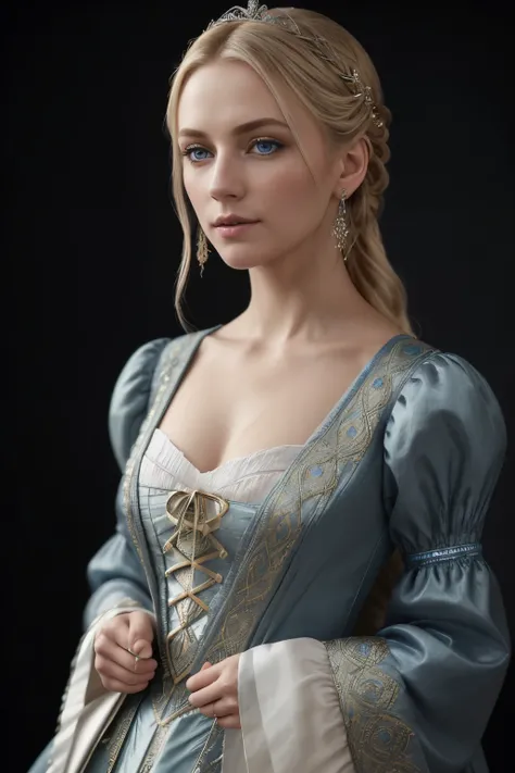 (image setting: masterpiece, best quality, aspect ratio 16:9, resolution 8k, ultra-detailed), a German woman dressed in traditional clothes, her blonde hair cascading down her shoulders, sparkling blue eyes reflecting the soft cinematic light. Her features...