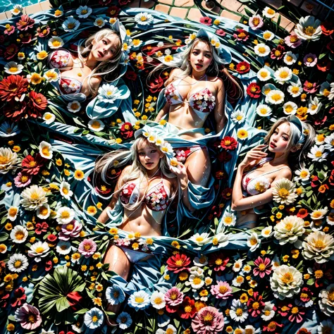 (Full of colorful flowers, White and Red, ((Overhead shot, From directly above))), (Acutance:0.85), ((NSFW:-0.95)), (Exposed:1.1), (((nipple:-0.99))) . ((Group photo of 6 girls (laying in a pool filled with flower:1.25))), { (Full of flowers covering and s...