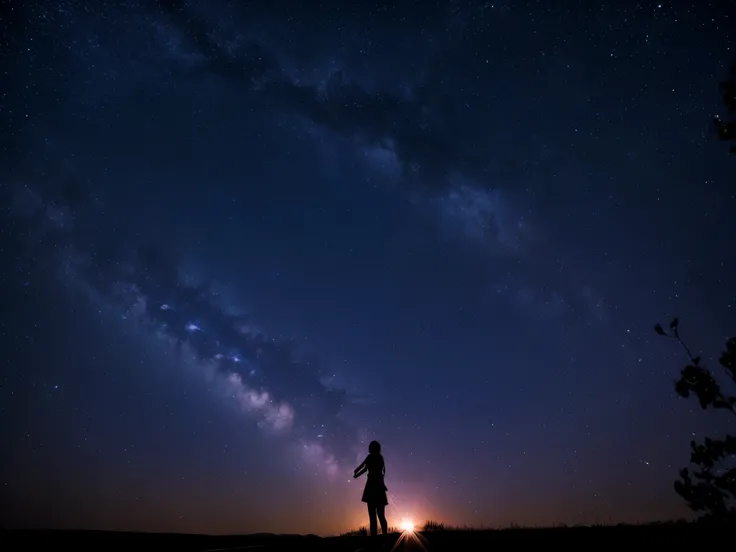 Rotating starry sky, shooting stars, girl looking up at the sky, North Star, star trails with 1 hour exposure