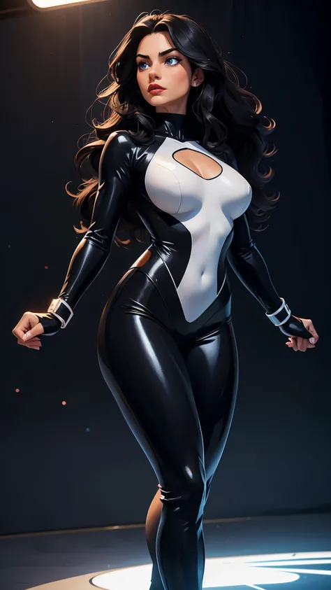 Woman, white skin, black hair, wavy hair, long hair, hair parted in the middle, athletic body, black bodysuit, blue eyes, star bodysuit, reflective bodysuit, large neckline, silver boots, silver bracelets, serious look, look at the camera , red lips, heroi...