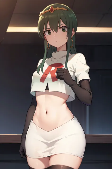 hisui, hisui, long hair, (green eyes:1.5), green hair, hair between eyes,
BREAK jewelry, earrings, tiara, crown, team rocket,team rocket uniform,white skirt,red letter R,crop top,black thigh-highs,black elbow gloves
BREAK looking at viewer, (cowboy shot:1....