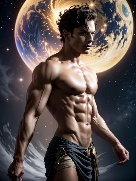 Photorealistic, ((best quality)), ((masterpiece)), (detailed),masculine portrait of Atlas, Atlas, carrying the planet Earth, fully naked, nude, side view, holding the planet Earth on his back, muscule, ripped, strong body, fit body, 1boy, outer space backg...