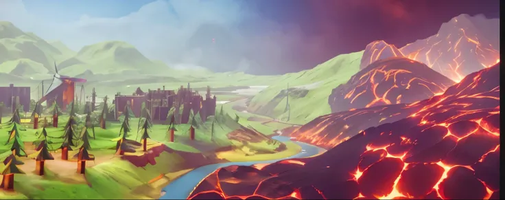 On the left are green forests, houses, windmills and rivers.，On the right is the lava field，Molten sputtering out，high quality, 4K, super actual, actual, Super details