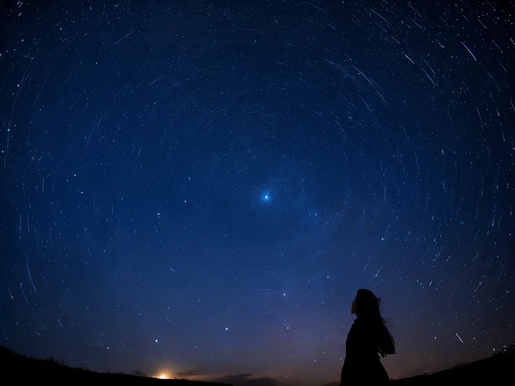 Rotating starry sky, shooting stars, girl looking up at the sky, Orion constellation, star trails with 1 hour exposure