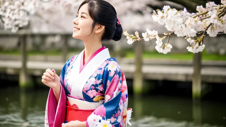 cherry blossoms，woman，kimono，highest quality,Japanese,front