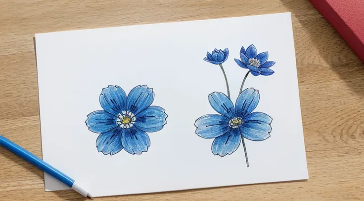 papel blanco con dibujo de flores azules y flores rojas