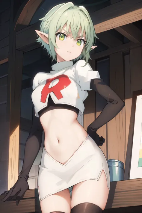 best quality, (masterpiece:1.2), detailed,
1girl, solo, pointy ears,
green hair, green eyes, short hair, short hair with long locks, 
team rocket,team rocket uniform, red letter R, white skirt,white crop top,black thigh-highs,black elbow gloves