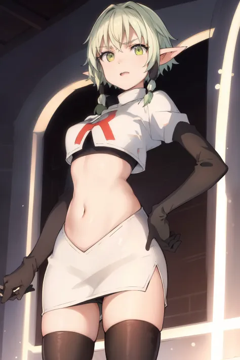 best quality, (masterpiece:1.2), detailed,
1girl, solo, pointy ears,
green hair, green eyes, short hair, short hair with long locks, 
team rocket,team rocket uniform, red letter R, white skirt,white crop top,black thigh-highs,black elbow gloves