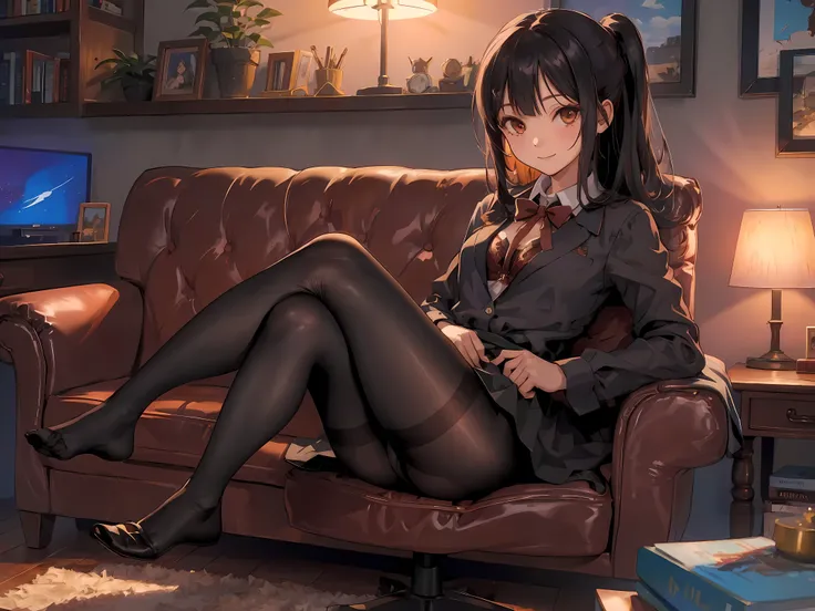 (cowboy shooting:1.3),(最OK质量), ((masterpiece)), (high resolution), illustration, The original, Very detailed,Debger,1 girl, (Miyu Edelfeldt),Change,camel toe,black hair,brown eyes,Poker , pantyhose,shirt, no shoes, legs crossed, sitting, Cat, plant, brown ...