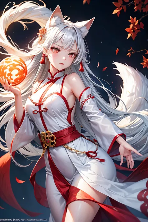 Generate an image of a graceful girl dressed in pristine white traditional Chinese attire, delicately cradling a formidable nine-tailed fox. The foxs piercing eyes emit fierce red light, and its mouth is wide open in a roaring snarl. Use the majestic nine ...