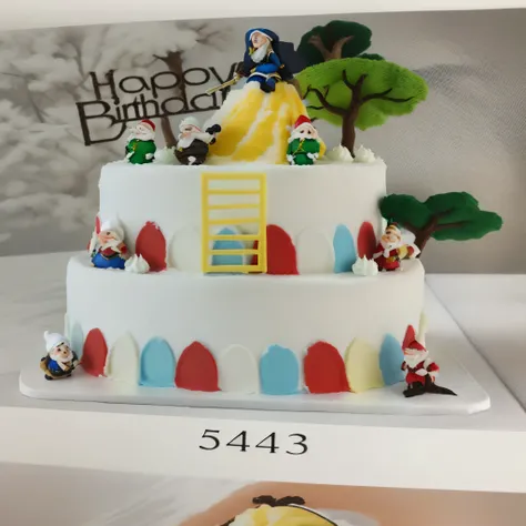 There are two pictures of Snow White themed cakes, cake art, Inspired by Elsa Beskov, cake sculpture, Birthday Cake, gnome, bright colors, fantasy theme, Highly decorated, Add details, mid closeup, enchanted forest tower, accurate details, garden gnomes pr...