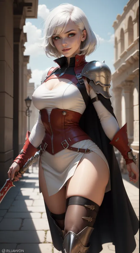 gwen tennyson,yorha 2b,tracer,yshtola rhul,overwatch,assassins creed,close up, roman coliseum,coliseum arena,tattoos,white and red plugsuit,white short sleeve gladiator top,white and red long gladiator coat,spiked armor,long gladiator skirt,gladiator corse...