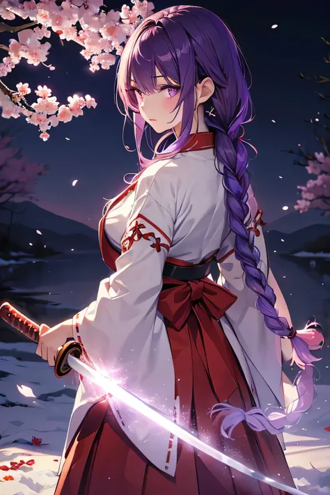 (High resolution, realistic, 4K, super detailed, masterpiece:1.2), 1 girl, Glowing purple eyes, fine eyes, purple hair, ((long hair braided in the back:1.4)), Japanese hakama costume, Miko, ((red long skirt)), Red too, Priestess Dress, Priestess clothing, ...